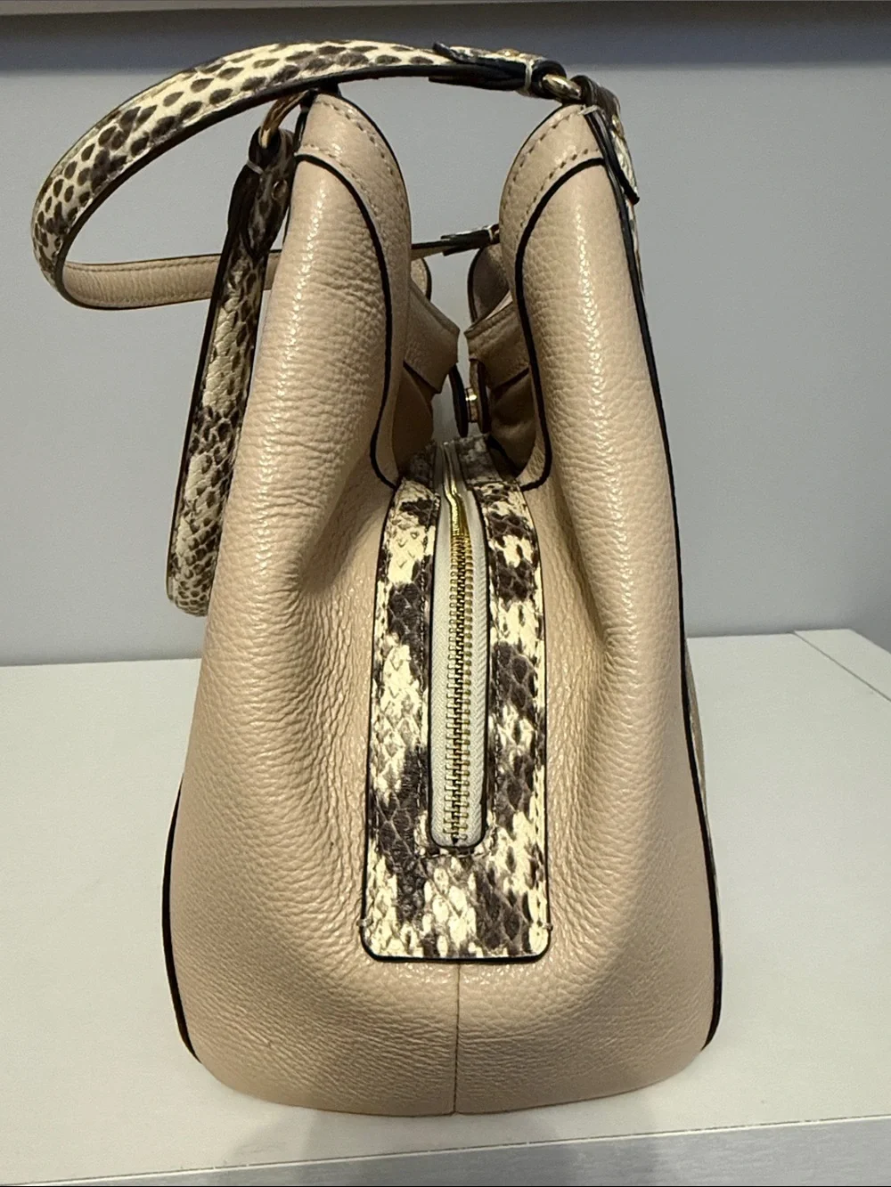 Coach Kristy Signature Beige Canvas Shoulder Bag with Snake-Print Trim